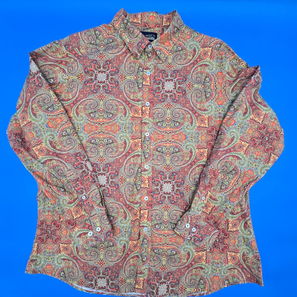 Cremieux Premium Denim Mens XXL Paisley Shirt Multi Color Stretch Boho 70s Retro